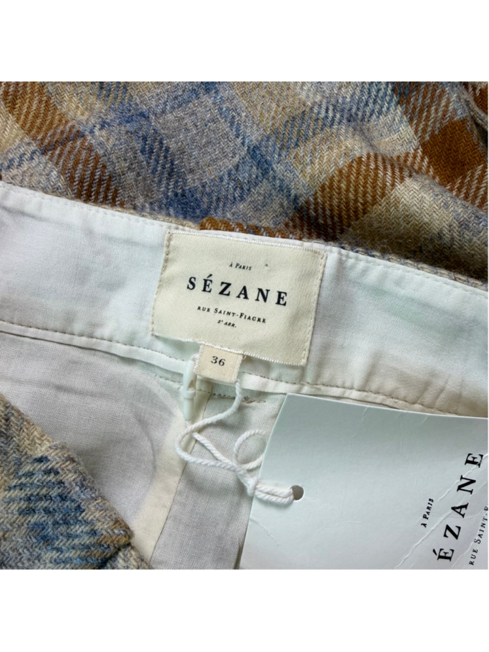 NWT Sezane Loulou Trouser in Tan Blue Plaid Check Wool Wide Leg Pants 36/6 - Picture 5 of 12